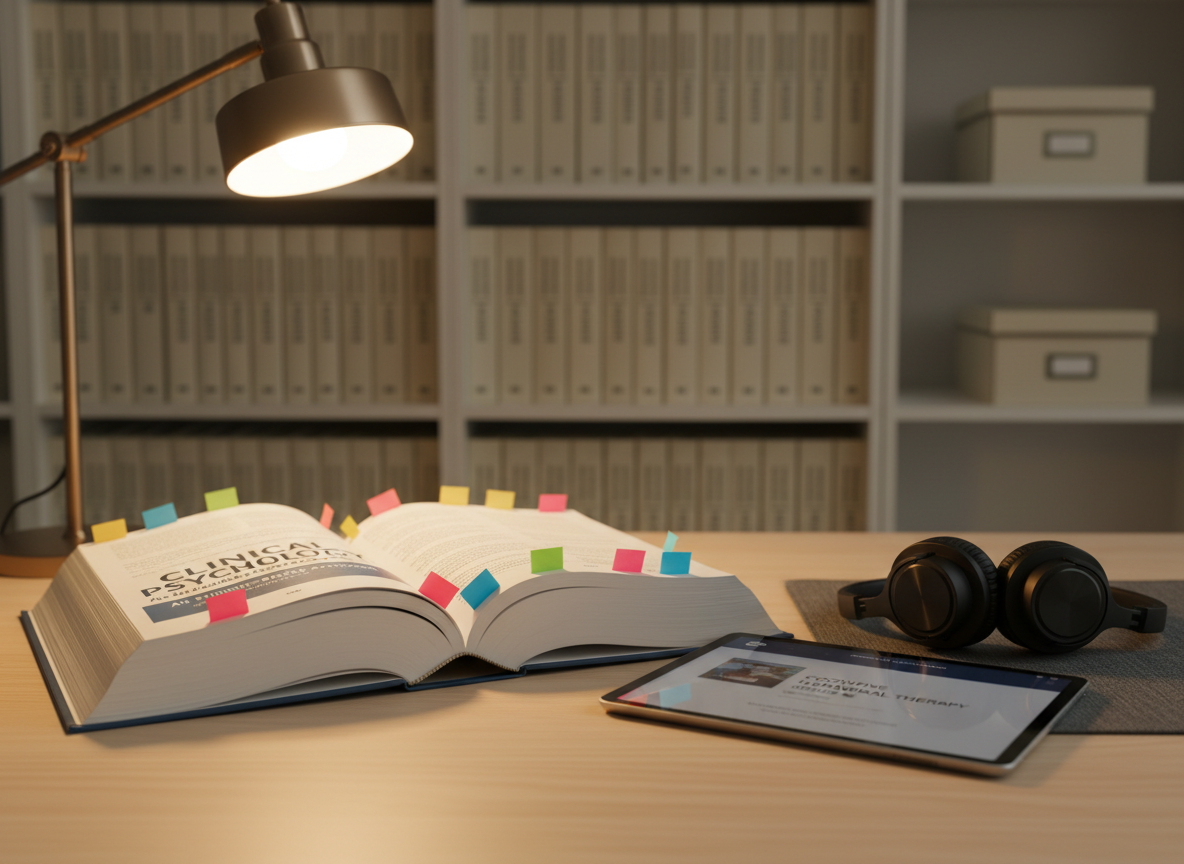 A close-up of a large, open hardcover textbook on clinical psychology resting on a pale oak table, pages gently curved, with brightly colored sticky flags marking key sections. Beside it lies a sleek tablet showing a non-specific course interface, its screen brightness softly balanced with the ambient light. A pair of noise-cancelling headphones sits nearby on a textured gray fabric mat. In the blurred background, a tidy bookcase holds DSM-style reference books and simple storage boxes. Soft evening lamplight from a modern desk lamp casts warm, focused illumination on the book and tablet, leaving the background slightly darker. Photographic realism, shallow depth of field, intimate eye-level composition, conveying focused, evidence-informed study time for therapists and counselors.