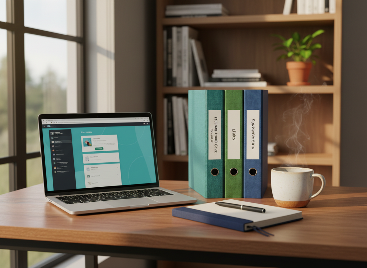 A neatly arranged wooden desktop featuring an open silver laptop displaying a clean course dashboard, beside a stack of color-coded binders labeled “Trauma-Informed Care,” “Ethics,” and “Supervision.” A soft-textured navy notebook with a fine-line pen rests next to a ceramic mug of herbal tea, faint steam rising. The desk sits near a large window in a modern home office, with a blurred bookshelf and a small leafy plant in the background. Gentle afternoon natural light spills across the surface, creating subtle reflections on the laptop and mug. Photographic realism, shot at eye level with a slight angle, shallow depth of field, and a calm, professional atmosphere emphasizing focused, flexible online learning for mental health continuing education.