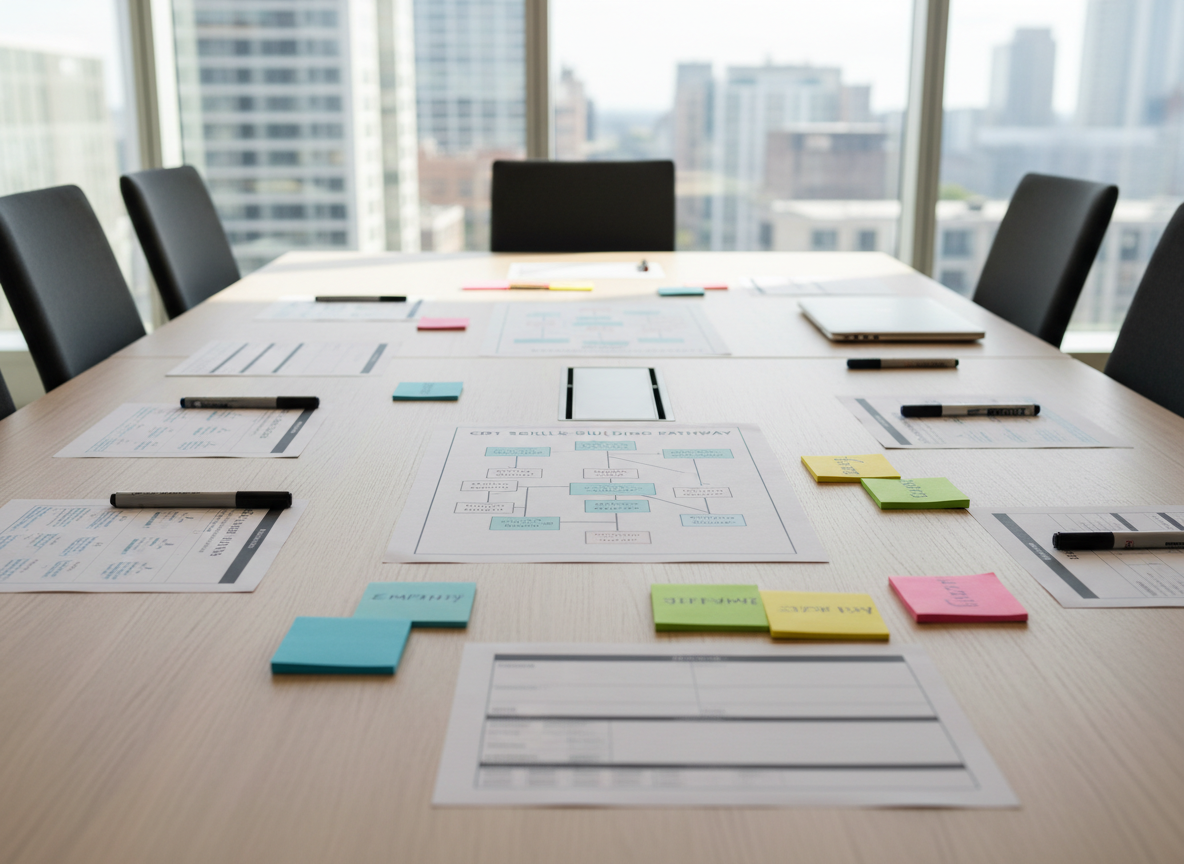 A spacious, modern conference room table made of light ash wood, viewed from a slightly elevated angle, covered with printed workshop materials: anonymized case vignette packets, a blank treatment planning template, and a flowchart of an evidence-based intervention model. Colorful sticky notes and highlighters are scattered with intentional neatness, and a closed laptop rests at one end. Large floor-to-ceiling windows reveal a softly blurred cityscape, while bright but diffused daylight fills the room, creating clear, natural shadows along the table’s grain. Photographic realism with sharp focus throughout, balanced composition, and a professional, collaborative mood that evokes structured, practical skills-building in advanced mental health training without showing any people.