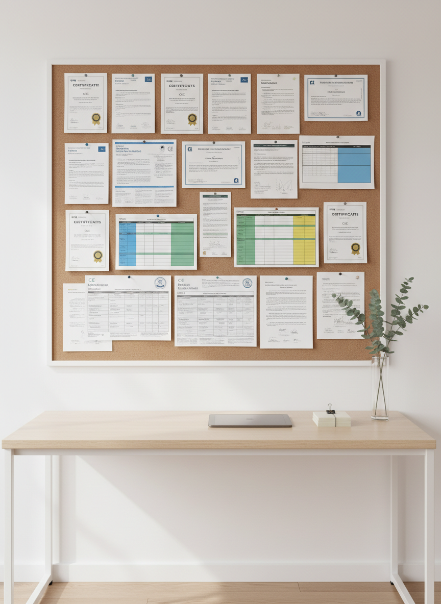 A minimalist white workspace anchored by a large, wall-mounted corkboard filled with neatly pinned CE certificates, color-coded course schedules, and printed research abstracts, each clearly but non-specifically labeled. Below, a smooth light-wood desk holds a closed tablet, a tidy stack of index cards, and a slim glass vase with a single eucalyptus branch. Soft, diffused overcast daylight filters in from an unseen window, creating gentle, shadowless illumination and a serene mood. The photographic image is composed using the rule of thirds, with the corkboard dominating the upper frame and the desk grounding the lower third. The atmosphere is orderly, professional, and quietly motivating, evoking the satisfaction of organized, ongoing professional development in mental health care.